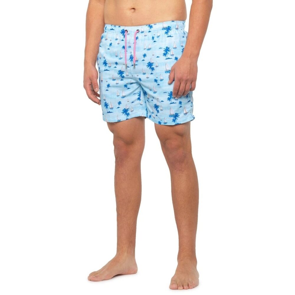 Franks Mens Size Small Blue Vintage Print Hawaiian Swim Trunk Sailboat Palm Tree